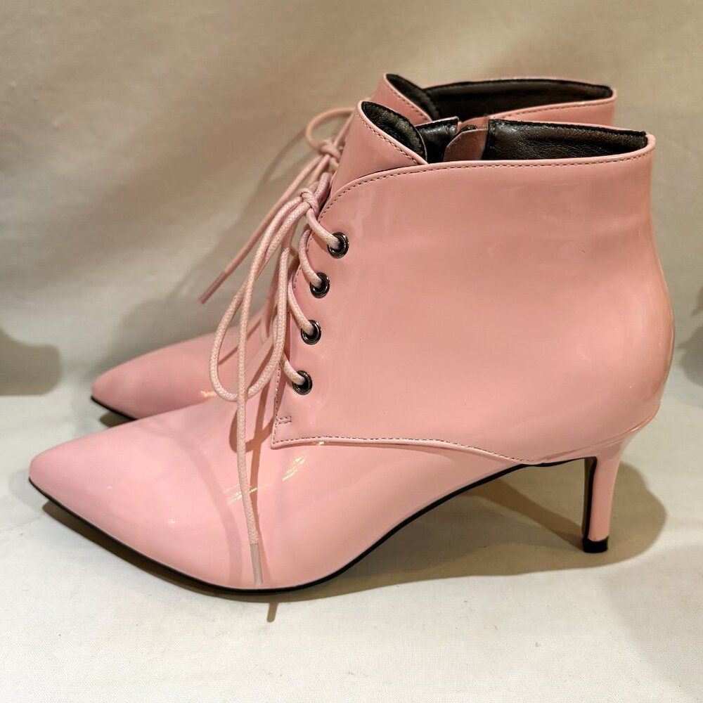 Women Size 5 Pink Kitten Heel Ankle Boots Pointed Toe Lace Up Faux Fur Lining